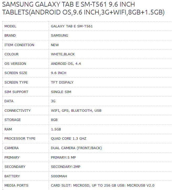 SIM NOT READING ** SAMSUNG GALAXY TAB E | 8GB | BLACK | 9.6" | SM-T561